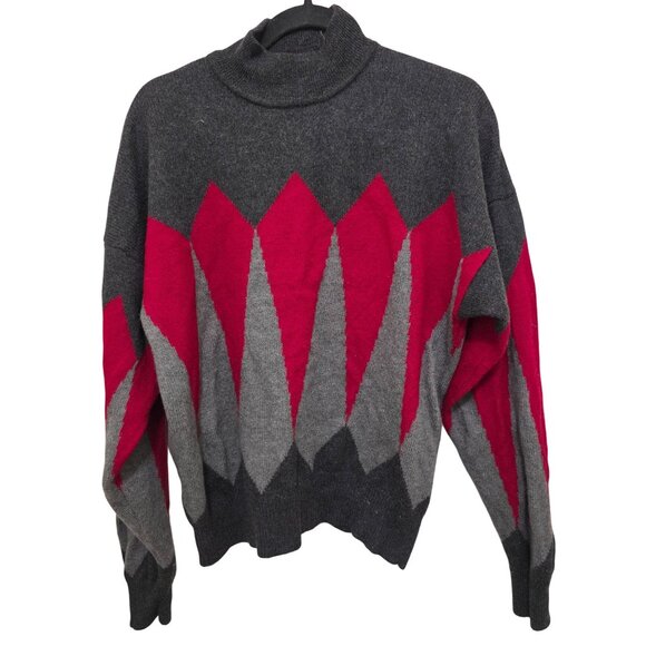 VTG Perry Ellis Gray & Red Geometric Diamond Knit Sweater Long Sleeve Turtleneck - Picture 1 of 8